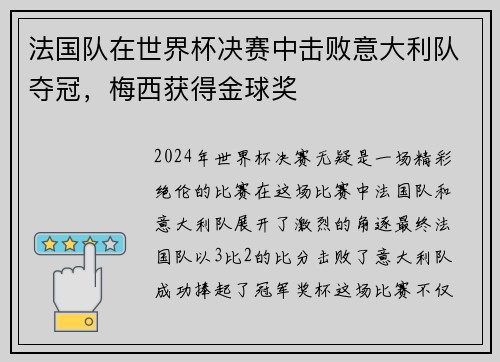 法国队在世界杯决赛中击败意大利队夺冠，梅西获得金球奖