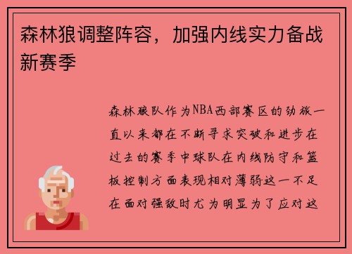 森林狼调整阵容，加强内线实力备战新赛季