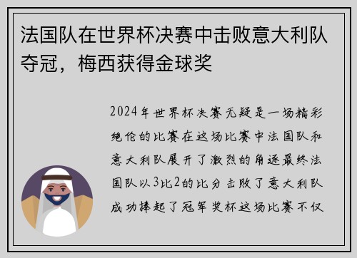 法国队在世界杯决赛中击败意大利队夺冠，梅西获得金球奖