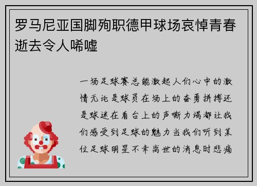 罗马尼亚国脚殉职德甲球场哀悼青春逝去令人唏嘘